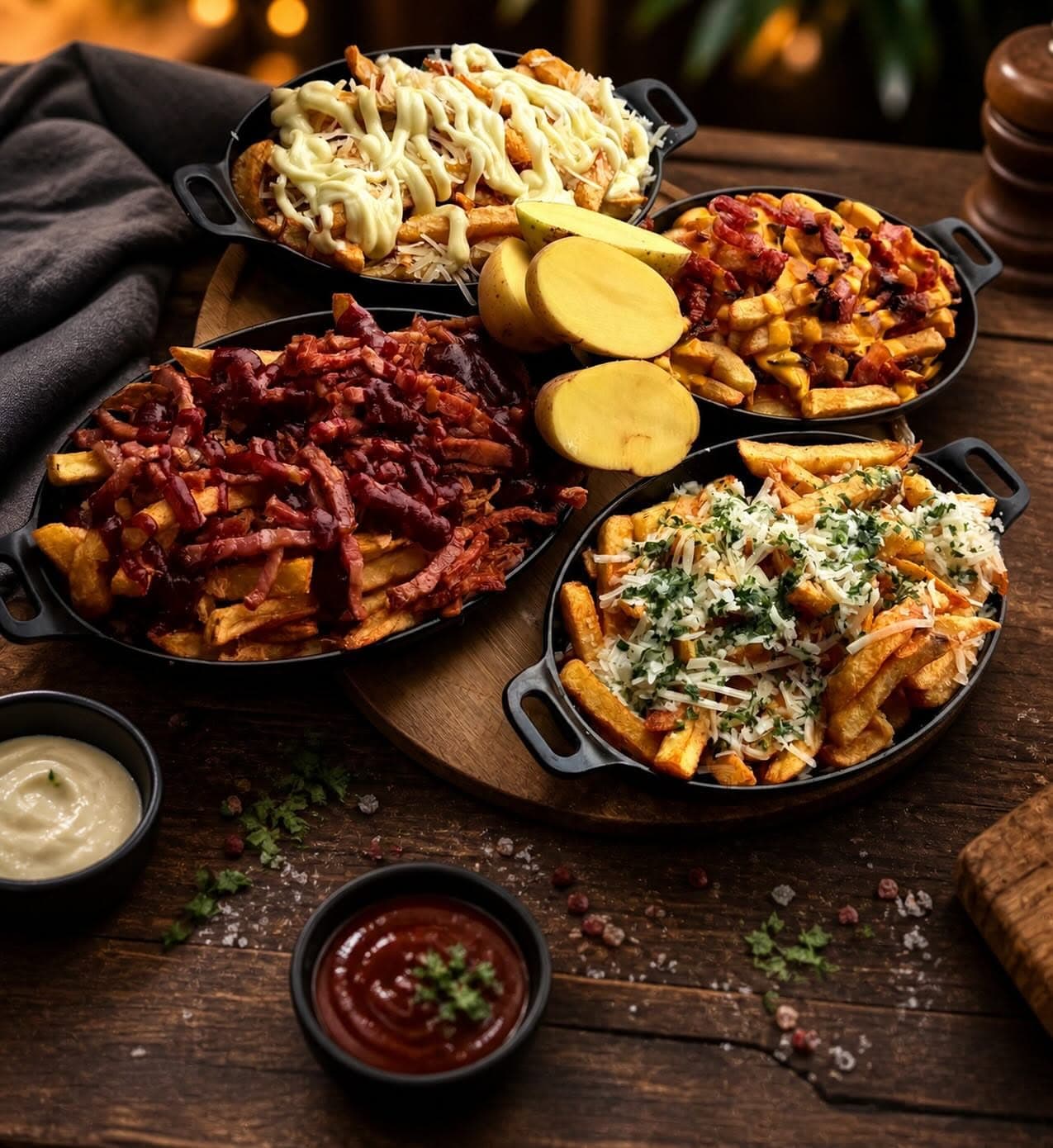 Loaded fries cu toppings variate servite în castroane